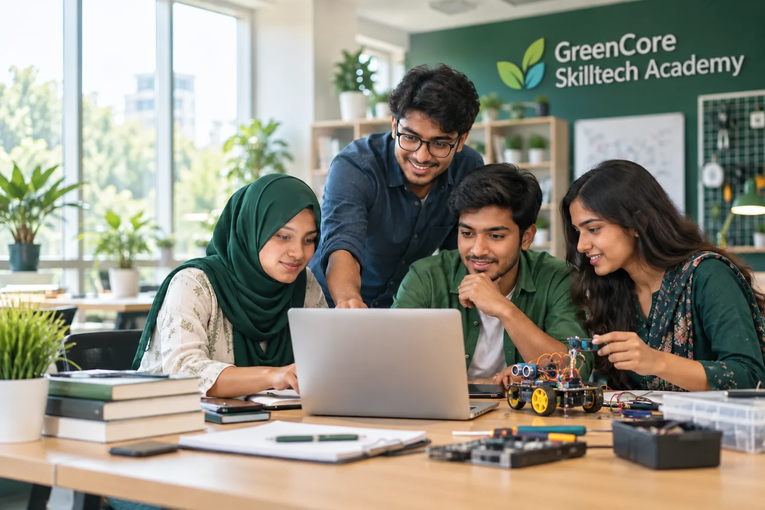 Students learning practical technology skills at GreenCore SkillTech Academy